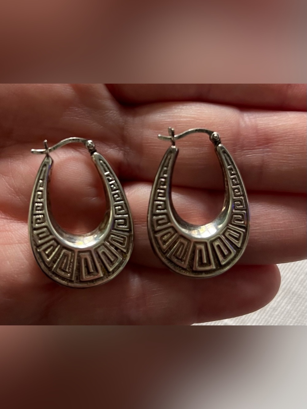 VTG Hoop Earrings Boho Greek Key Horseshoe Sterling Silver 4g 925 70s